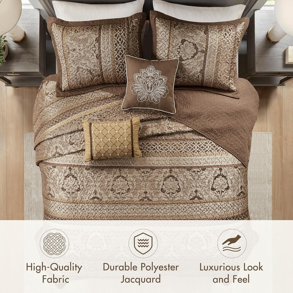 Madison Park Bellagio Reversible Quilted Bedspread Set, Solid Reverse Summer Breathable, Lightweight All Season Bedding Layer, Matching Shams, Bedspread King(120"x118"), Brown 5 Piece