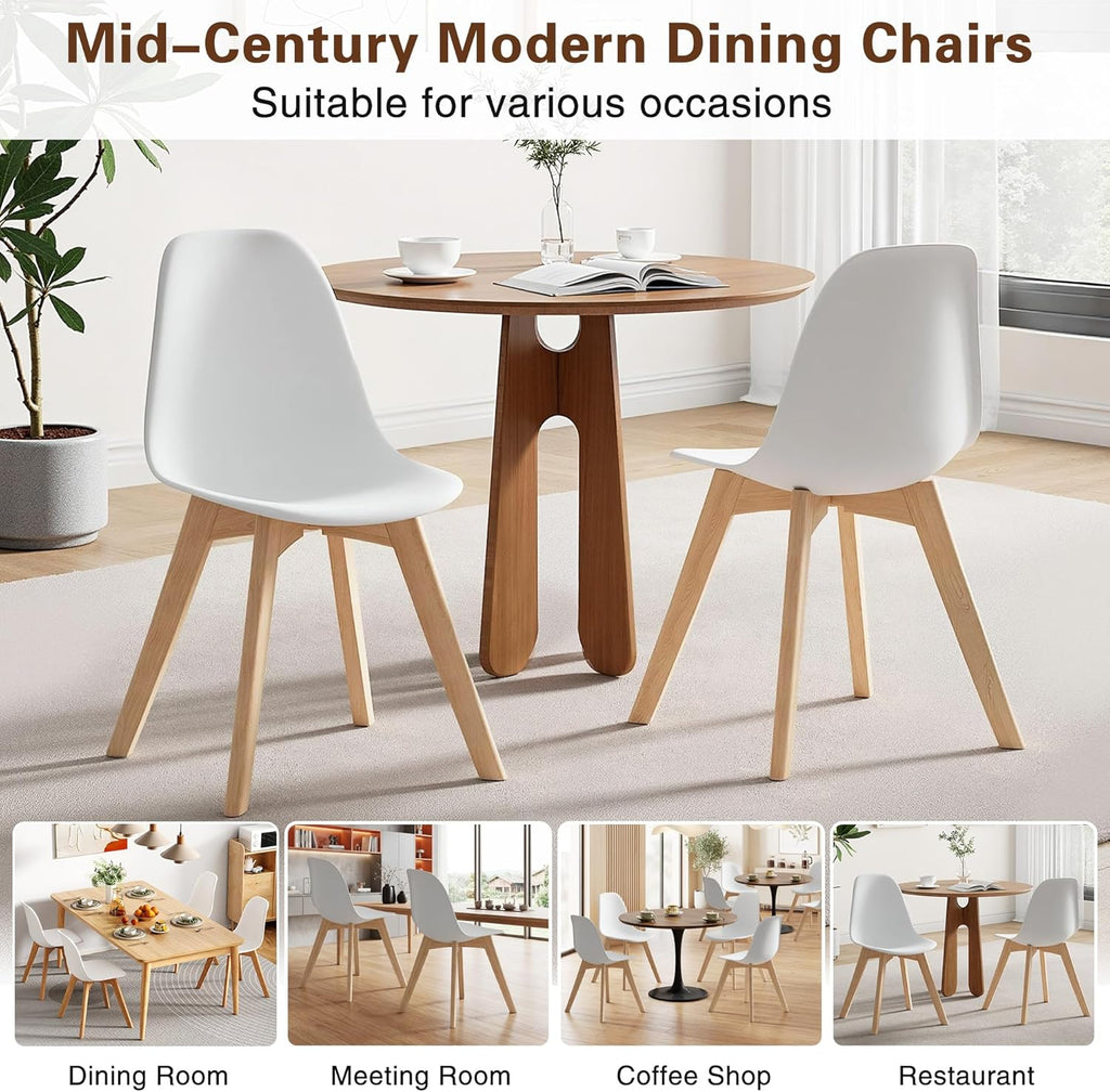 VECELO Dining Chairs Set of 4, Mid-Century Modern Kitchen & Dining Room Chairs, Molded Plastic Seat & Back, Solid Wood Legs, Armless, Non-Slip Feet, White