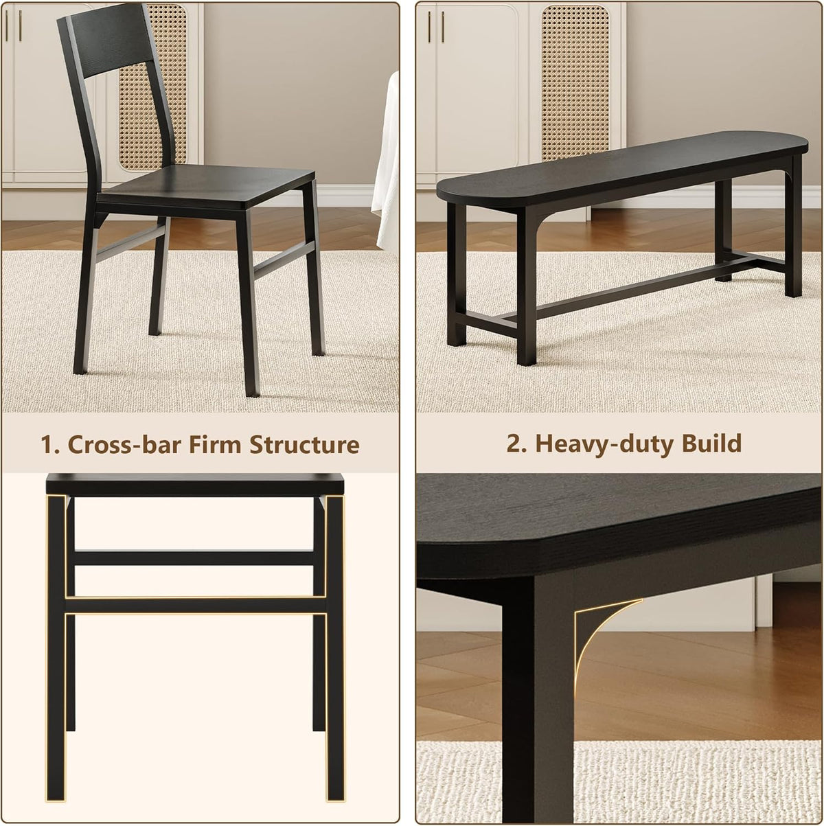 Feonase Dining Chairs and Benches Set of 4, Modern Dining Room Chairs with Ergonomic Backrest, Wood Structure & Metal Legs, for Kitchen, Dining Room, Space-Saving, Easy to Assemble & Clean, Black