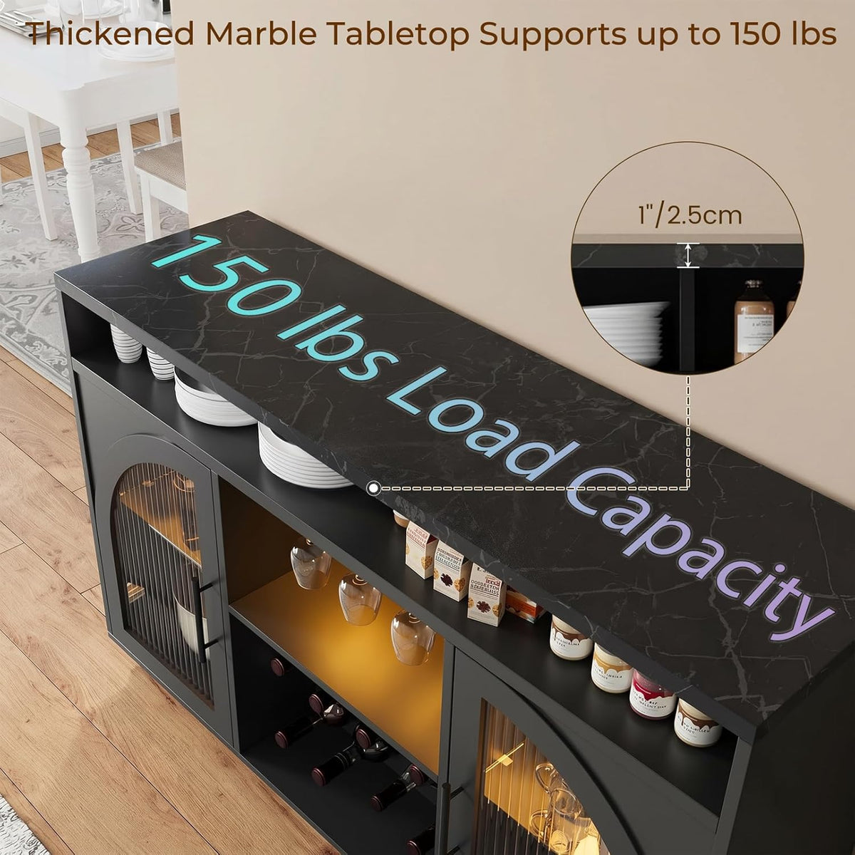 Wine Bar Cabinet 54", Black Coffee Bar Cabinet with LED Lights, Arched Glass Doors, Wine Rack, Adjustable Shelves, Sideboard Buffet Cabinet for Dining Room, Black