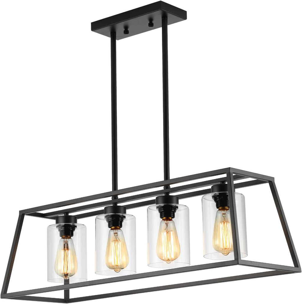 Black Farmhouse Chandeliers for Dining Room, Rustic Kitchen Island Light Fixture, 4-Lighting Linear Pendant Lamp Kitchen Island with Glass Shade  .Apply to Dining Room Light fixtures Over Table