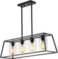 Black Farmhouse Chandeliers for Dining Room, Rustic Kitchen Island Light Fixture, 4-Lighting Linear Pendant Lamp Kitchen Island with Glass Shade  .Apply to Dining Room Light fixtures Over Table