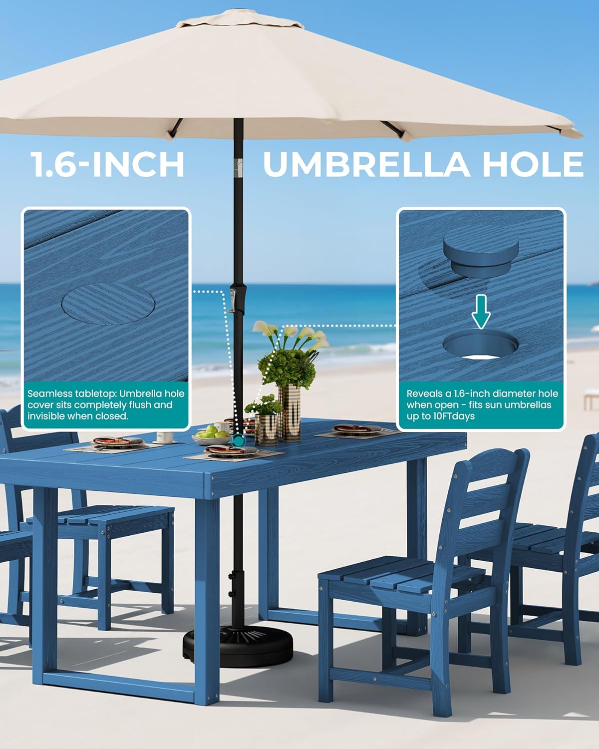 SERWALL HDPE Outdoor Dining Set for 4, 67'' All Weather Patio Dining Table and Armless Chairs Set for Deck, Lawn, Blue
