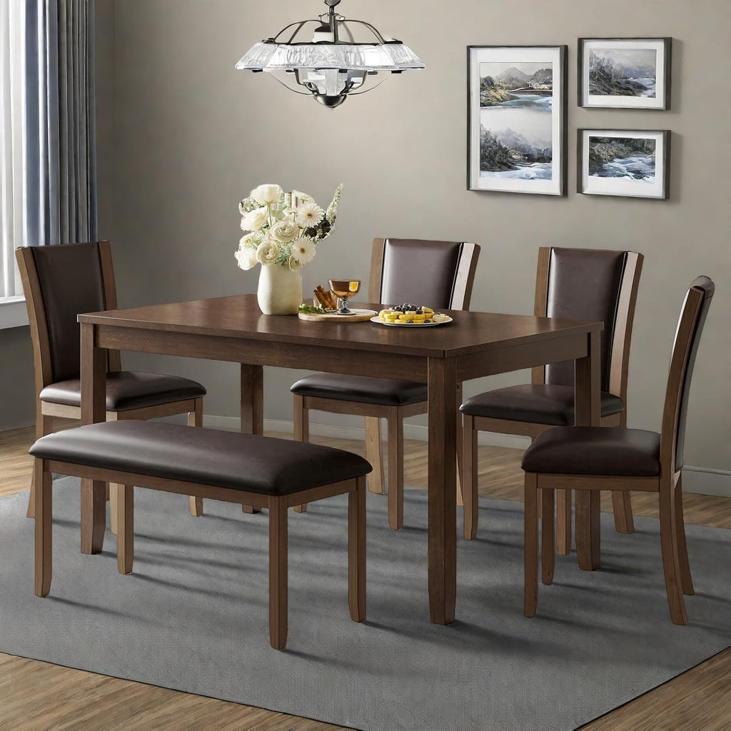 Dining Table Set for 6, Farmhouse 6 Piece Dining Room Table Set with Rectangular Table, 4 Upholstered Backrest Chairs and Bench, Counter Height Kitchen Sets with Warm Woodgrain Finish, Walnut