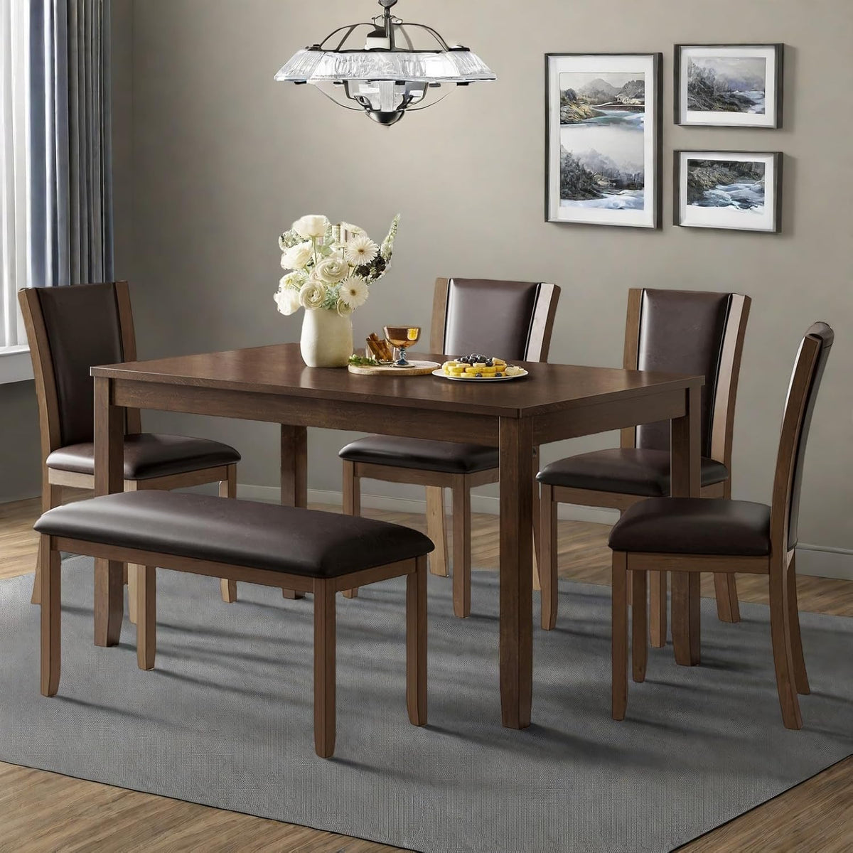 Dining Table Set for 6, Farmhouse 6 Piece Dining Room Table Set with Rectangular Table, 4 Upholstered Backrest Chairs and Bench, Counter Height Kitchen Sets with Warm Woodgrain Finish, Walnut