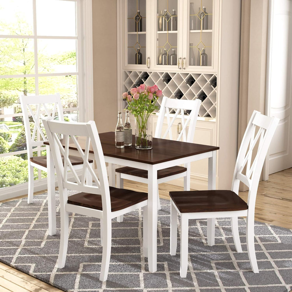 Harper & Bright Designs 5-Piece Wood Dining Table Set for 4, Kitchen Furniture Set with 4 High Back Dining Chairs for Small Places,White+Cherry