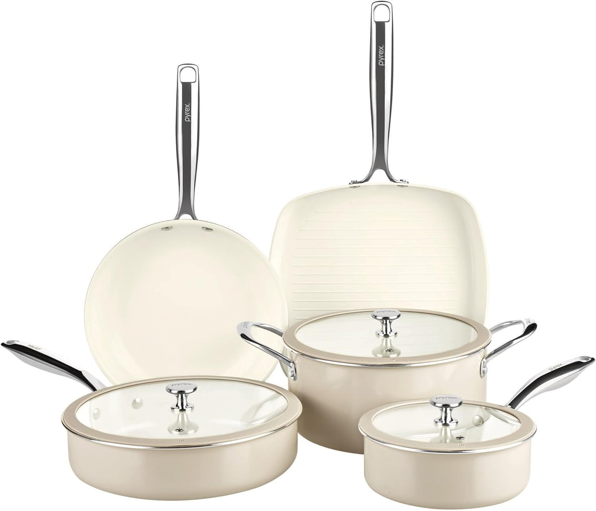 Pyrex 8-Piece Ceramic Cookware Set, Pots and Pans with Lids & Stainless Steel Handles, Healthy Nonstick Ceramic Coating, Induction Compatible Stainless Steel, PFAS Lead Cadmium BPA Free