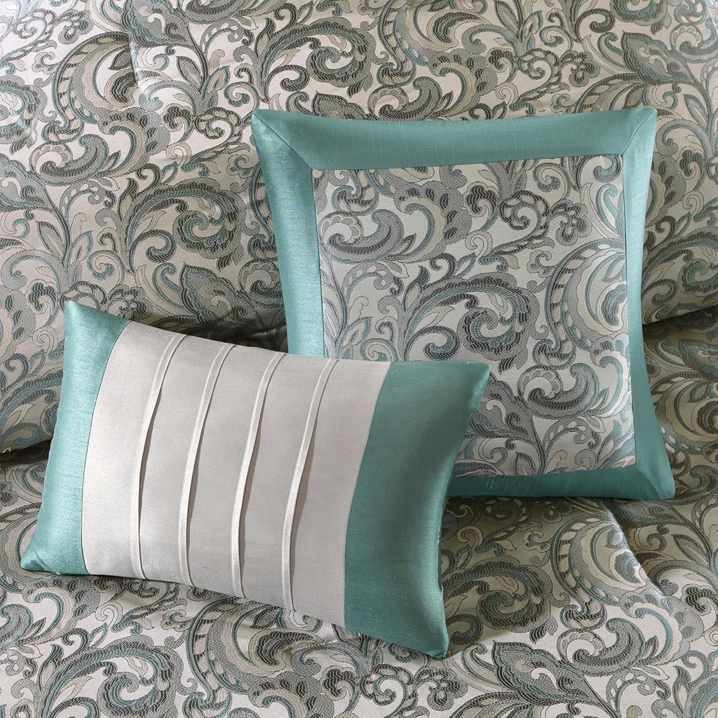 Madison Park 24 Piece Faux Silk Paisley Queen Comforter Set with Matching Curtains, Down Alternative Hypoallergenic - Teal, Queen (90 in x 90 in)