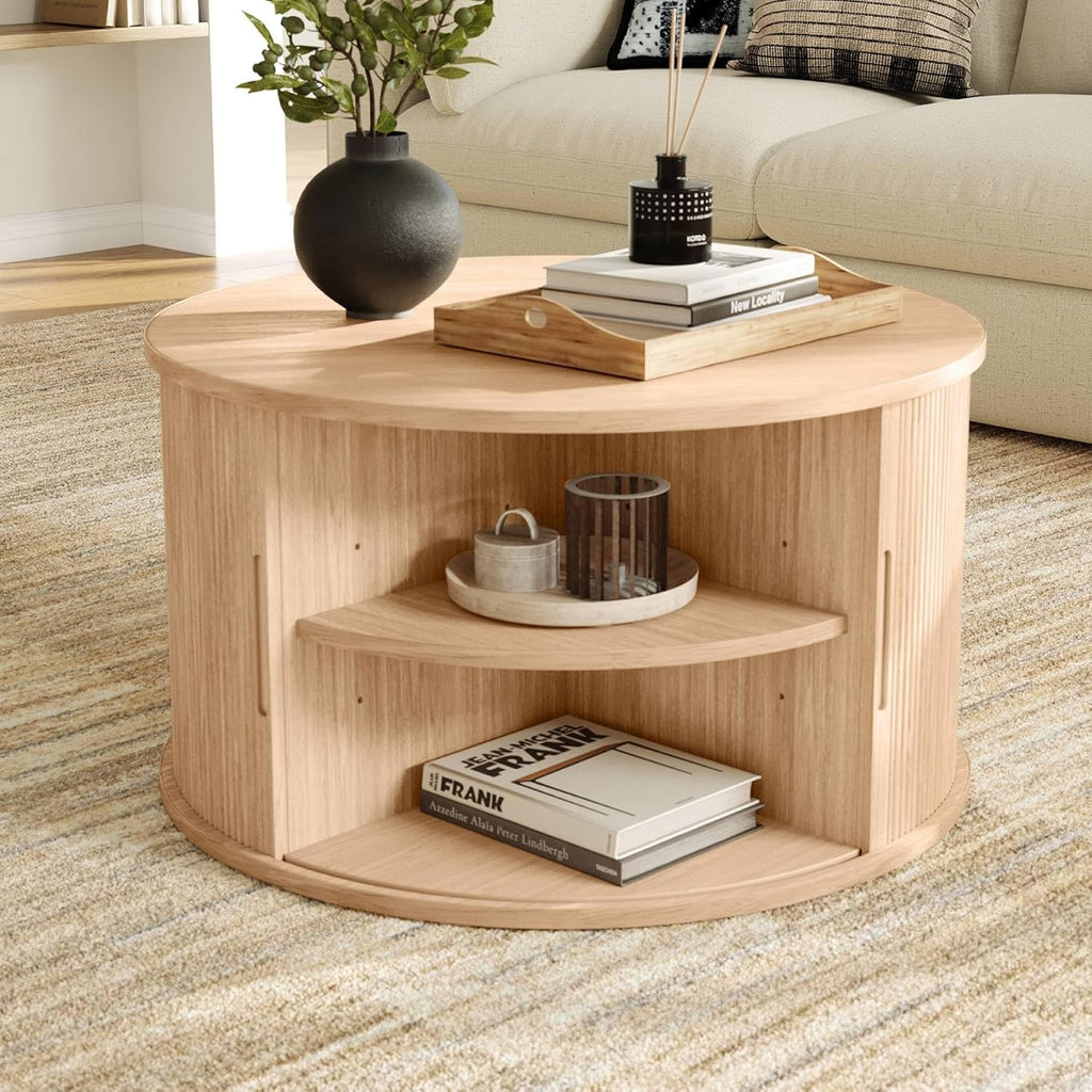 LINSY HOME Round Coffee Table, 31.5" Drum Coffee Table with Sliding Tambour Door, Fluted Accent Center Table with Storage, Mid Century Modern Coffee Table for Living Room, Oak