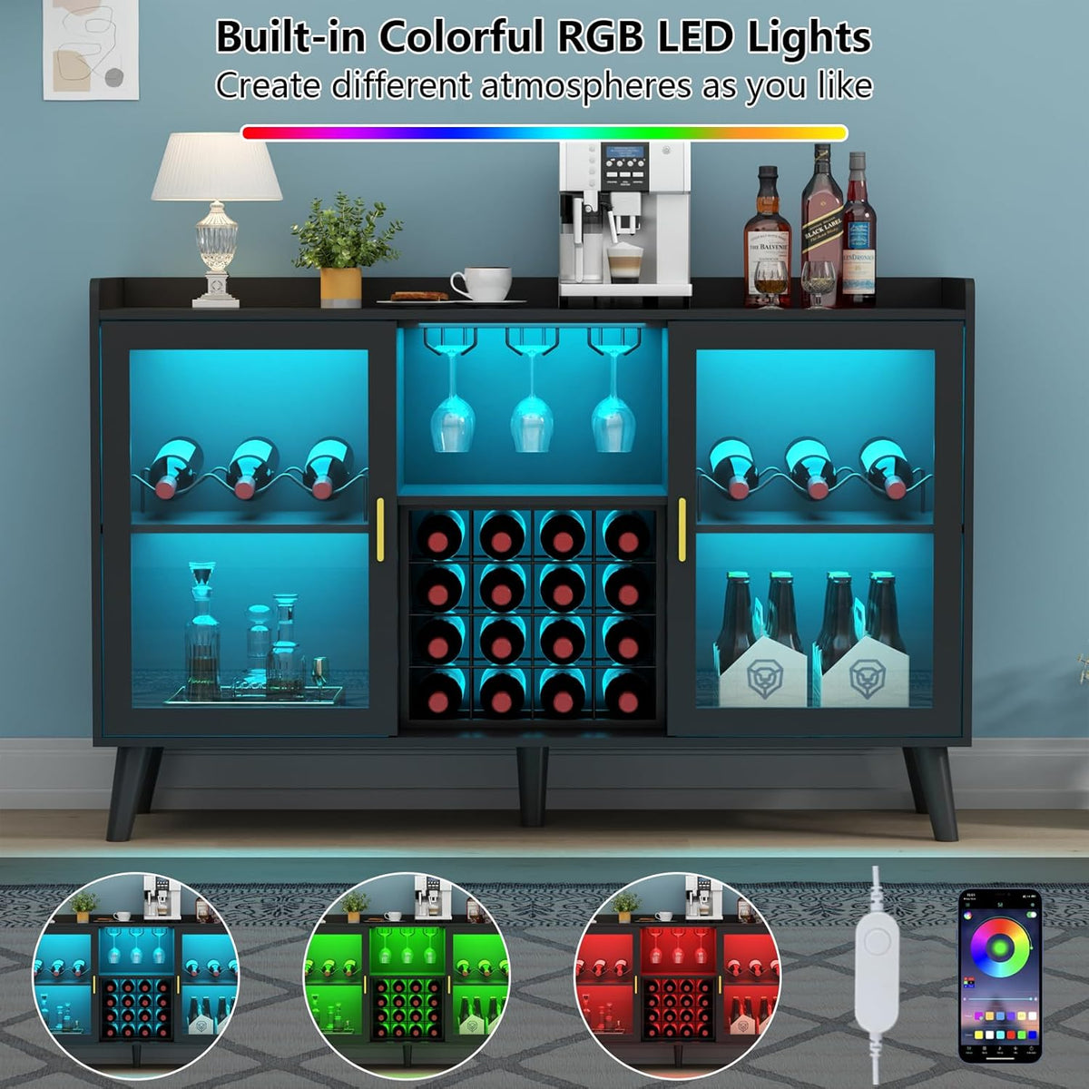 Loomie Wine Bar Cabinet with LED Light, Home Coffee Cabinet with Wine Rack and Glass Holder, Kitchen Buffet Sideboard W Storage Shelf, Freestanding Liquor Cabinet for Living Room, Dining Room (Black)