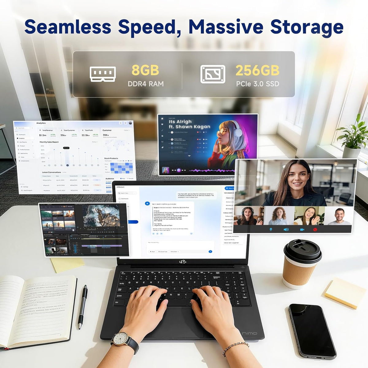 NIMO 15.6" FHD Business Laptop Computer, Quad-Core Processor(Beats i3-1115G4), Laptop 8GB RAM 256GB SSD with Backlit Keyboard Fingerprint 65W PD Fast Charging, Student Laptop for College School