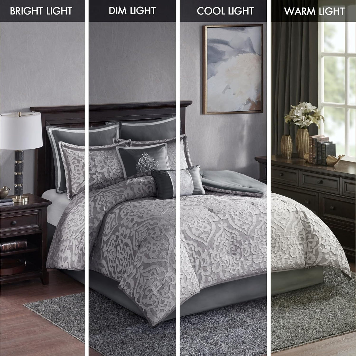 Madison Park Odette Cozy Comforter Set Jacquard Damask Medallion Design - Modern All Season, Down Alternative Bedding, Shams, Decorative Pillows, King(104 in x 92 in), Silver 8 Piece