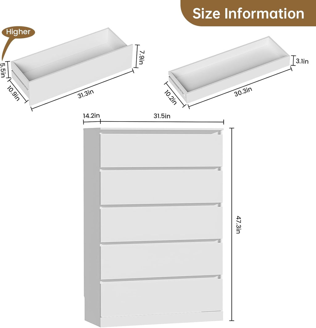 Dresser for Bedroom with 6 Drawers, 38.5" H Modern Chest of Drawers with Hidden Drawer, Wood Storage Dresser, Storage Organizer for Living Room, Closet, Hallway, White