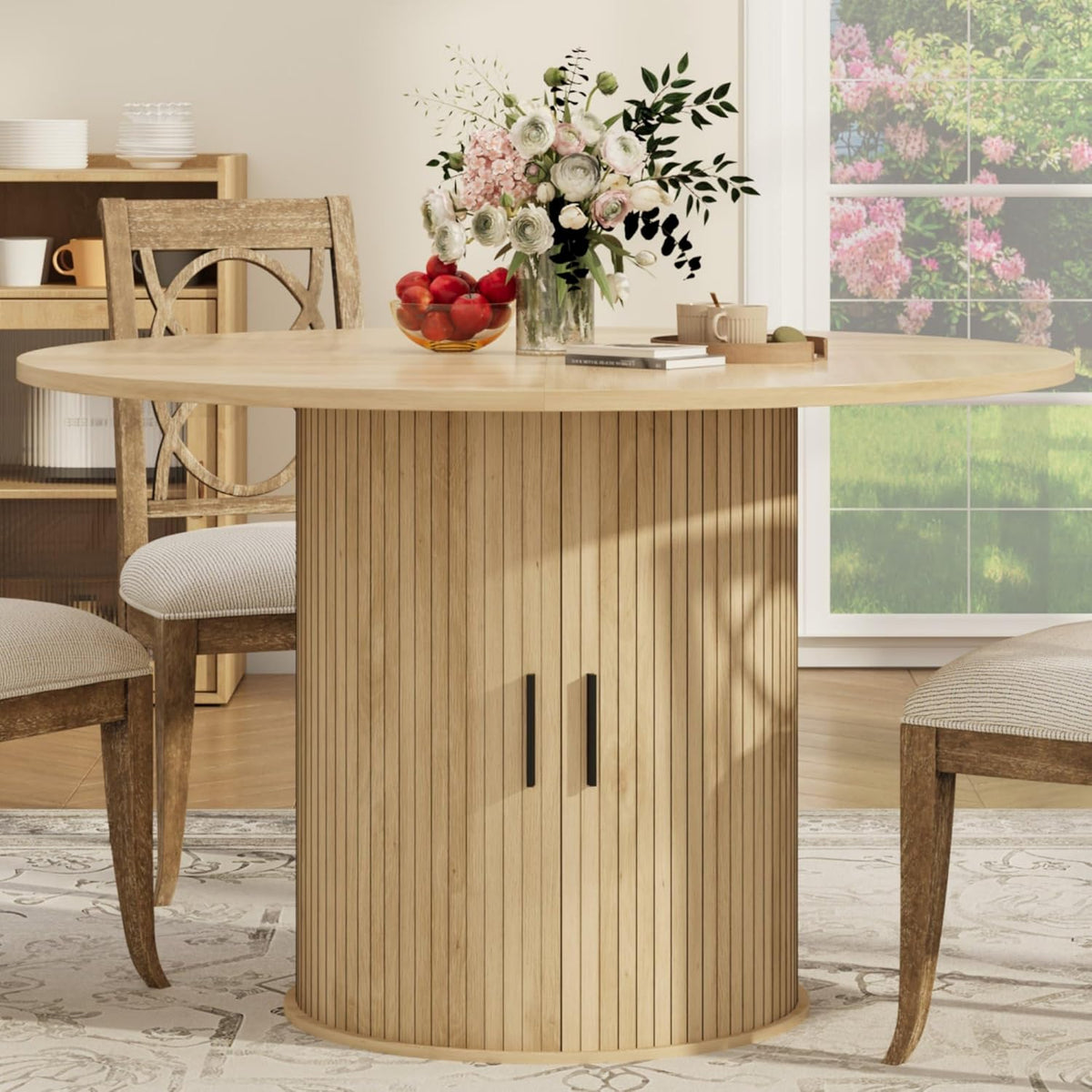 IDEALHOUSE 47 Inch Round Dining Table for 4, Farmhouse Kitchen Table with 2-Layer Storage Shelf and Wood Slide Door, Modern Dinner Table Space Saving, Dining Room, Living Room, Natural Oak