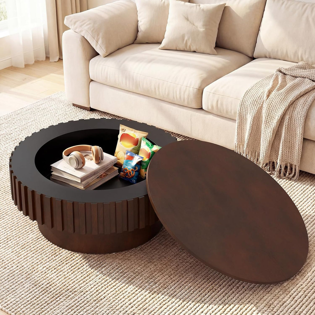 Giantex Round Coffee Table with Storage, Modern Drum Fluted Center Table with Solid Wood Veneered, Unique Circle Wood Coffee Table for Living Room Small Spaces (Brown)