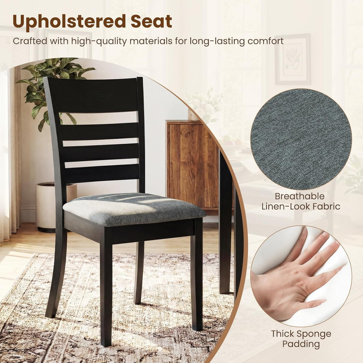 Giantex Wooden Dining Chairs Set of 4, Upholstered Black Kitchen Chair w/Rubber Wood Frame, Curved Slatted Backrest & Wide Padded Seat, Modern Dining Room Chairs for Living Room, Restaurant