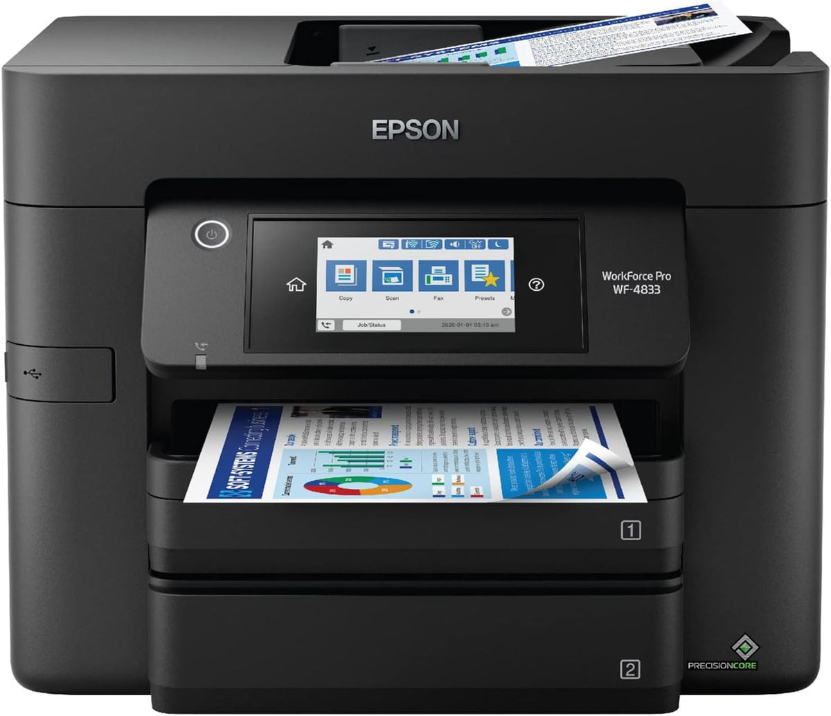 Epson Workforce Pro WF-4833 Wireless All-in-One Color Inkjet Printer, Black - Print Scan Copy Fax - 25 ppm, 4800 x 2400 dpi, 4.3" Touchscreen, Auto 2-Sided Printing, 50-Sheet ADF, 500-Sheet, Ethernet