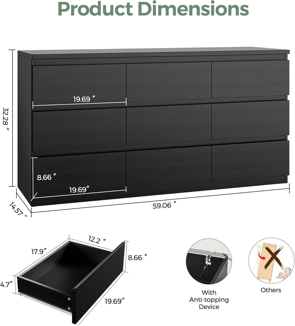 Jocoevol Modern Pink 9 Drawer Dresser for Bedroom, Simply Chest of Drawers, Wood Storage Dresser with Deep Drawers for Living Room Hallway Entryway (Black)