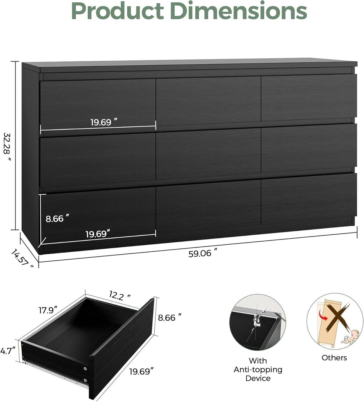 Jocoevol Modern Pink 9 Drawer Dresser for Bedroom, Simply Chest of Drawers, Wood Storage Dresser with Deep Drawers for Living Room Hallway Entryway (Black)