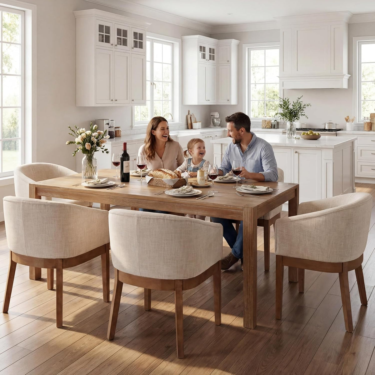 RIVOVA Beige Mid Century Modern Dining Chairs Set of 4, Farmhouse Linen Upholstered Accent Curved Backrest Kitchen Chairs Armchairs with Natural Wood Legs, Beige
