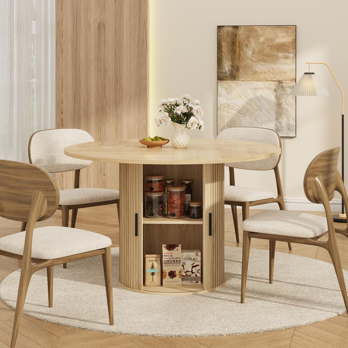 IDEALHOUSE 47 Inch Round Dining Table for 4, Farmhouse Kitchen Table with 2-Layer Storage Shelf and Wood Slide Door, Modern Dinner Table Space Saving, Dining Room, Living Room, Natural Oak