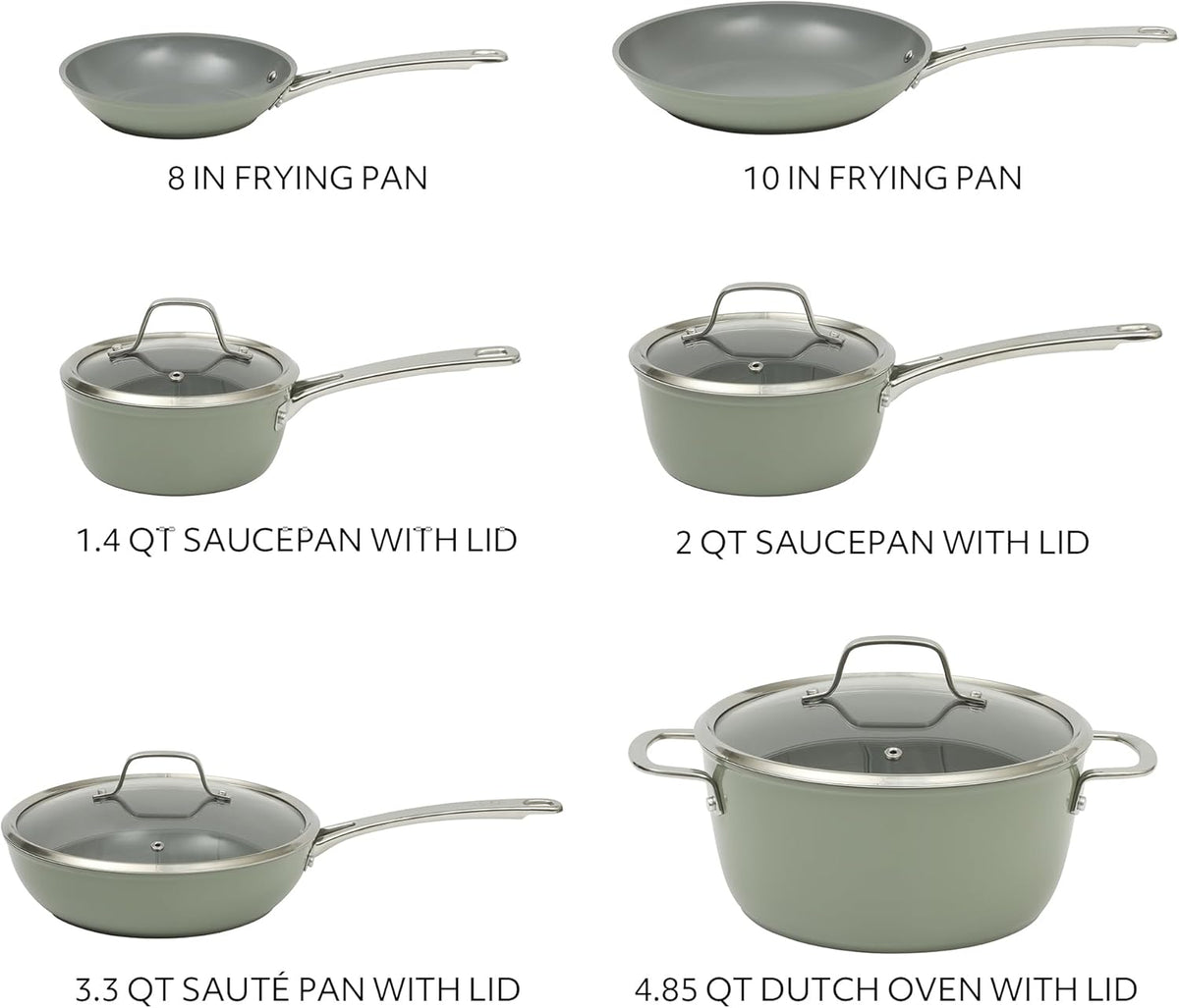 Sur La Table Kitchen Essentials Cool Commune Hard Anodized 10 Piece PFA Free Ceramic Non stick Interior Forged Durable Aluminum Pots and Pans Cookware Set - Green - Induction Compatible