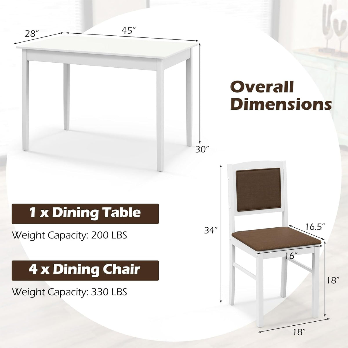 Giantex 5-Piece Dining Table Set for 4, Wooden Kitchen Table and Chairs with Solid Rubber Wood Legs, Padded Seat & Backrest, Space Saving Dinette Set for Home Dining Living Room, Breakfast Nook