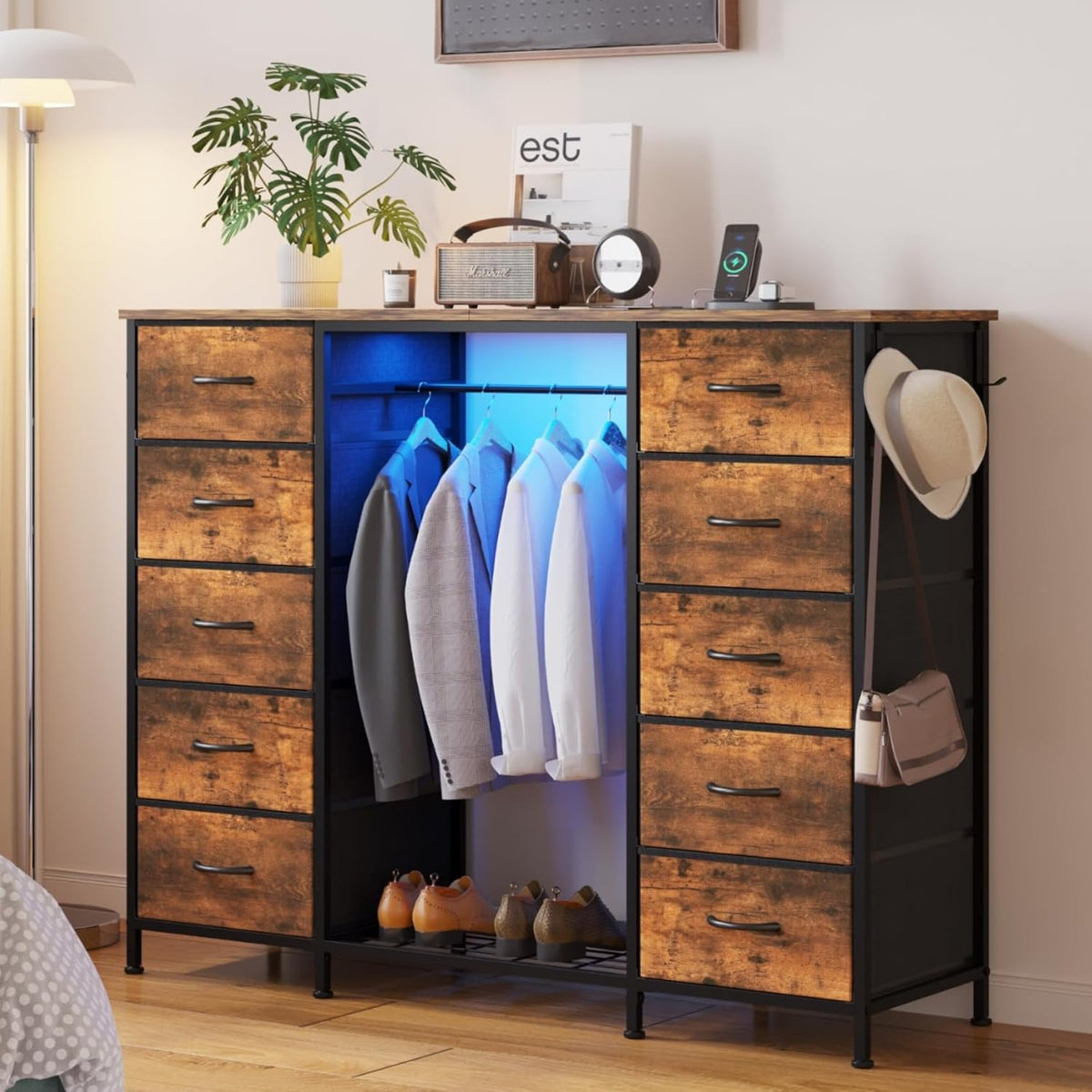 LUMTOK 55W 2-in-1 Dresser with Hanging Rack, 10 Drawers Dresser for Bedroom,Dressers with Fabric Drawers,LED Lights, Charging Station and Hanging Racks for Bedroom (Rustic Brown)