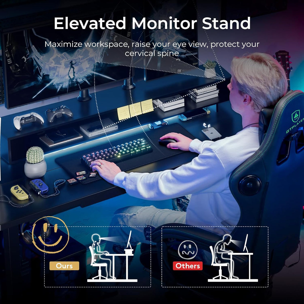 GTPLAYER Electric Standing Desk with Drawers, 48 x 24 Inch Height Adjustable Gaming Desk with Monitor Stand, Power Outlets & LED Lights, Home Office Sit Stand Up Desk with Memory Preset (Black)