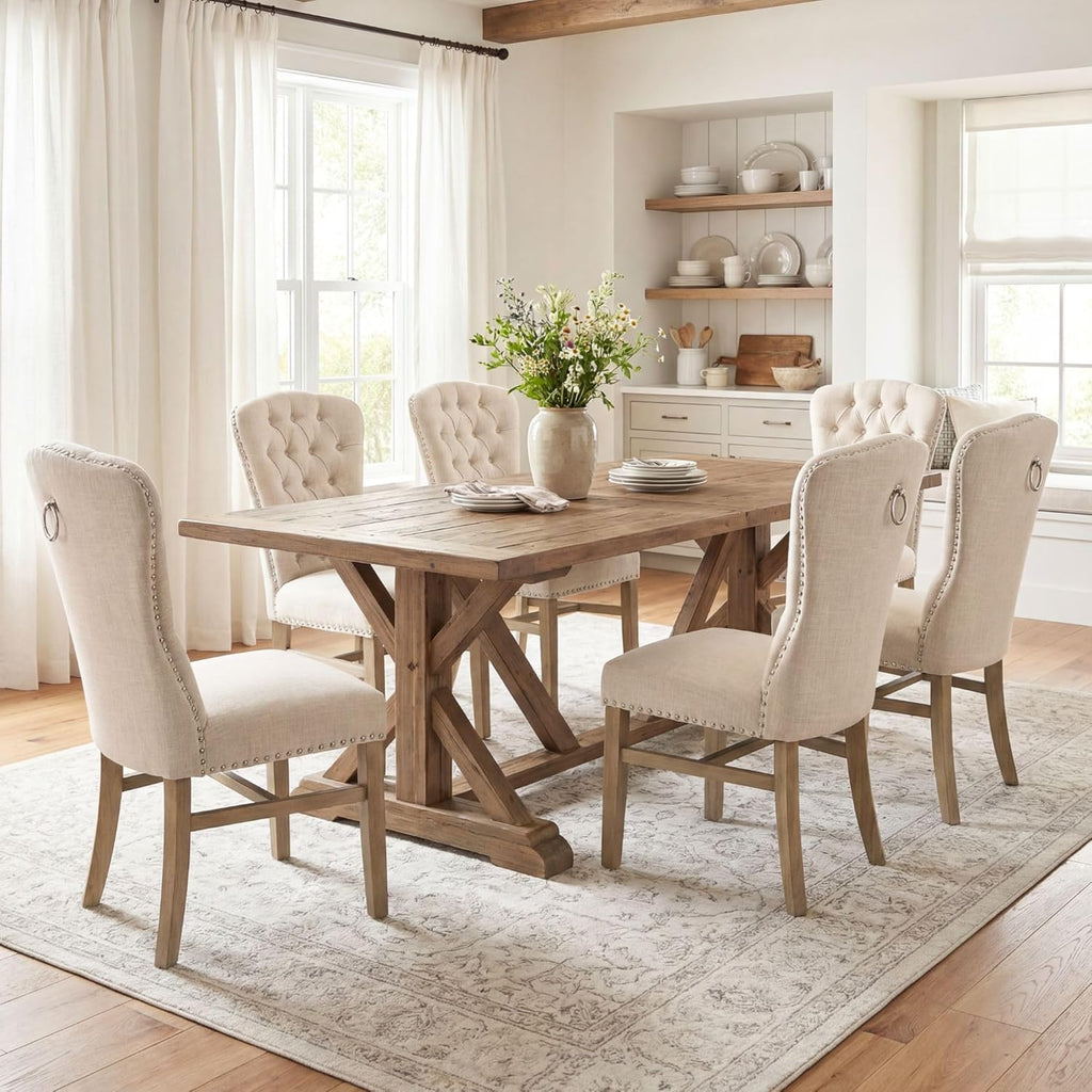 Tufted High Back Dining Chairs Set of 6, Linen Upholstered Farmhouse Kitchen Chairs, French Country Armless Wooden Side Chairs with Nailhead Trim for Dining/Kitchen/Living Room, Beige