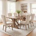 Tufted High Back Dining Chairs Set of 6, Linen Upholstered Farmhouse Kitchen Chairs, French Country Armless Wooden Side Chairs with Nailhead Trim for Dining/Kitchen/Living Room, Beige