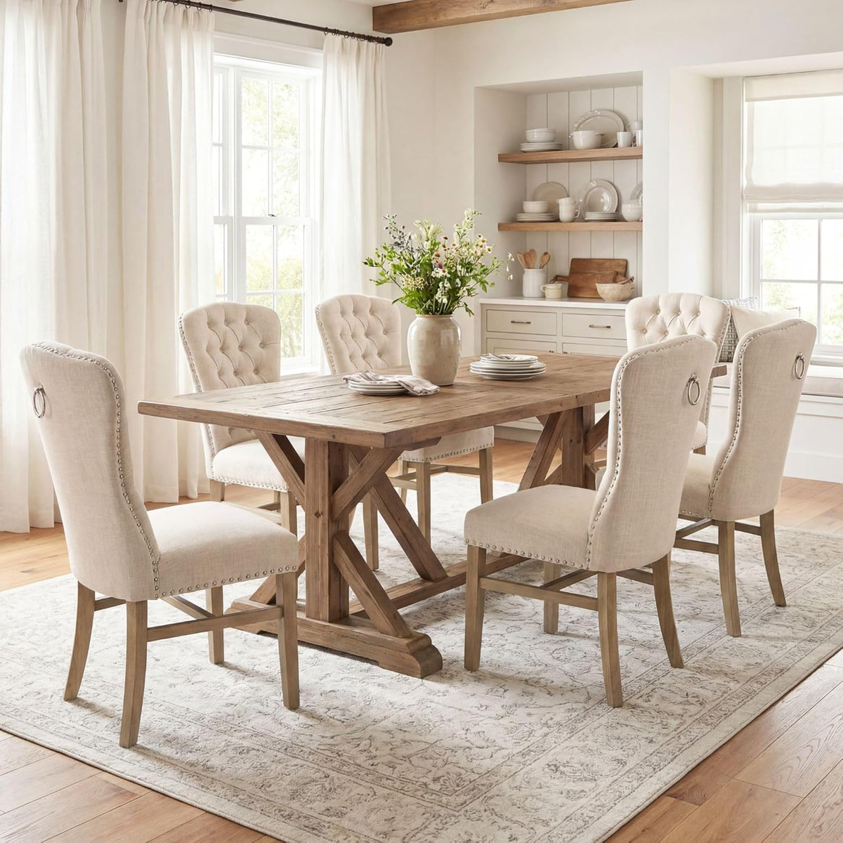 Tufted High Back Dining Chairs Set of 6, Linen Upholstered Farmhouse Kitchen Chairs, French Country Armless Wooden Side Chairs with Nailhead Trim for Dining/Kitchen/Living Room, Beige