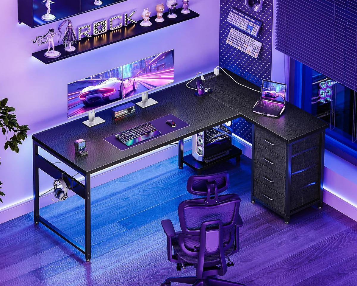 AODK L Shaped Gaming Desk with 4 Drawers, 61" Reversible Home Office Desks with Power Outlets, L Shaped Computer Desk with USB Charging Port and Host Stand, Corner Desk, Easy to Assemble, Black