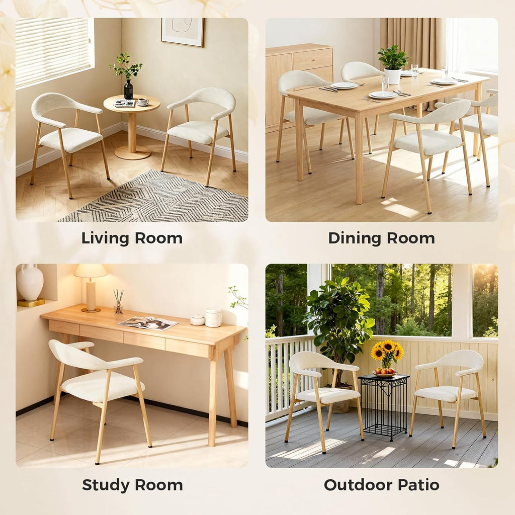 DUMOS Set of 2 Beige Linen Fabric Upholstered Dining Chairs, Modern Farmhouse Kitchen Side Chairs with Curved Backrest and Metal Legs, Accent Chairs for Dining Room, Restaurant, Cafe