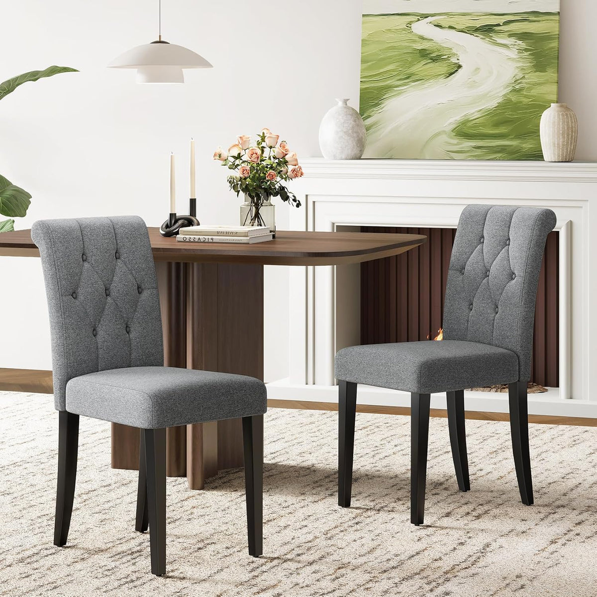 Welzona Upholstered Dining Chairs Set of 4, Button Tufted Parsons Dining Chair with Solid Wood Legs, Modern Fabric Side Chair for Dining Room/Kitchen/Restaurant/Hotel- Grey