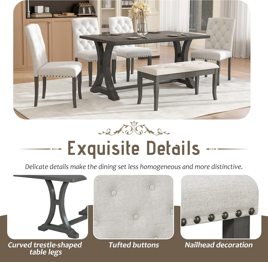 Harper & Bright Designs Classic and Traditional Style 6 - Piece Dining Set, Includes Dining Table, 4 Upholstered Chairs & Bench(Antique Gray1)