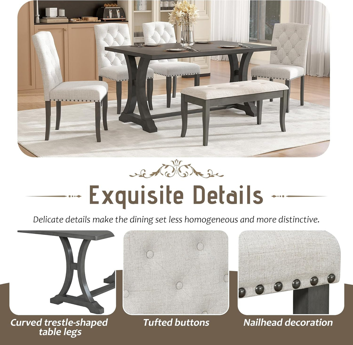 Harper & Bright Designs Classic and Traditional Style 6 - Piece Dining Set, Includes Dining Table, 4 Upholstered Chairs & Bench(Antique Gray1)
