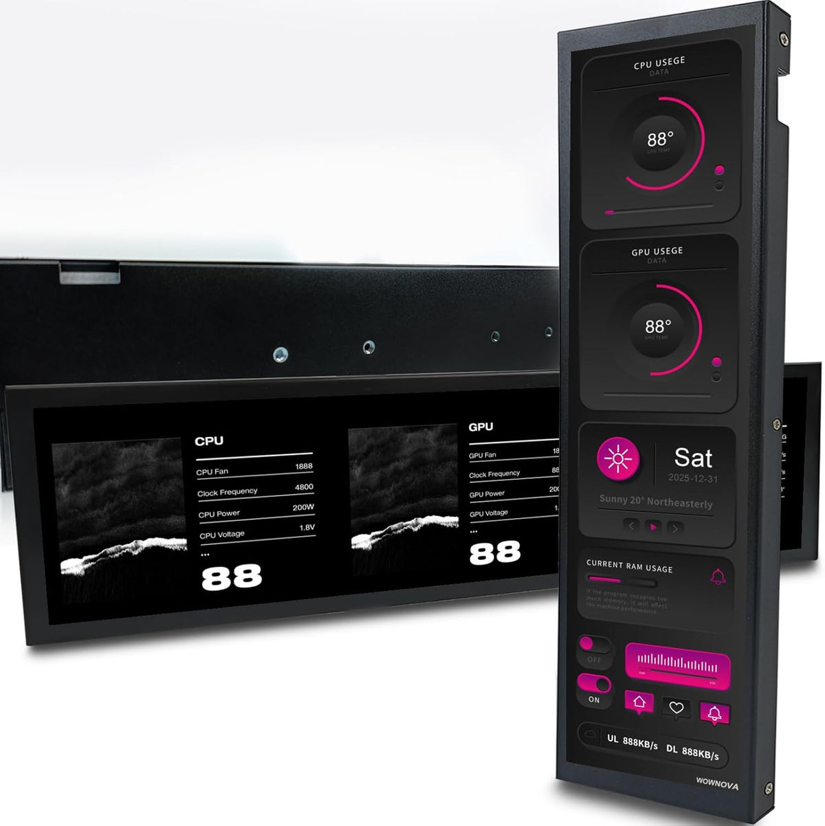 WOWNOVA 9.2" LCD Screen Inside PC Case Computer Temp Monitor Screen, 1 Click 1 Cable to Get Started Quickly PC Temperature Display IPS Sensor Panel CPU RAM HDD Data FPS Mini Monitor (Black)
