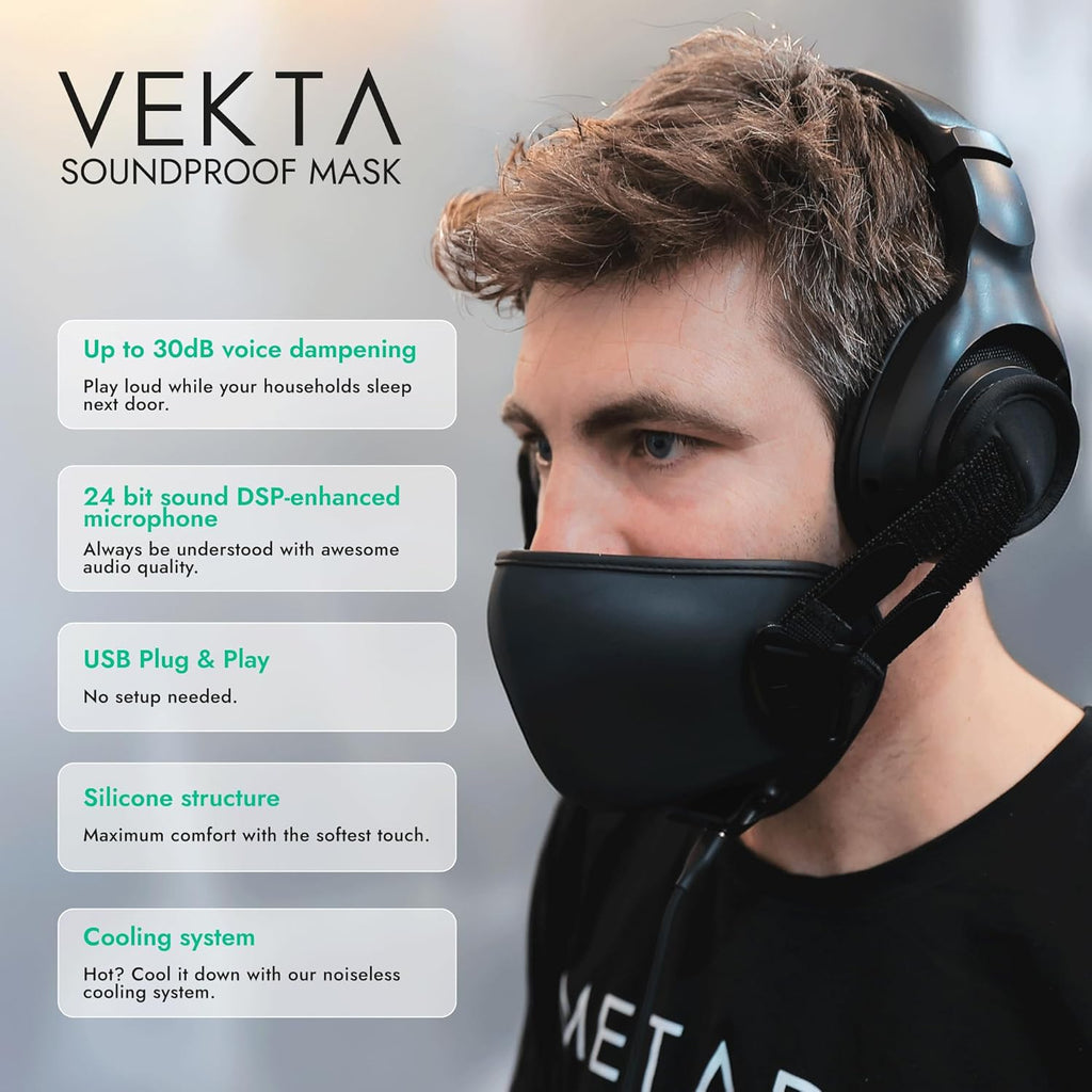 METADOX VEKTA Soundproof Gaming Mask – Up to 30 dB Sound Dampening – Clear-Voice Built-in Mic + Optional Earphones – Comfortable, Easy Breathing – USB Wired for PC/PS4/PS5/Switch/Mobile (L/XL)