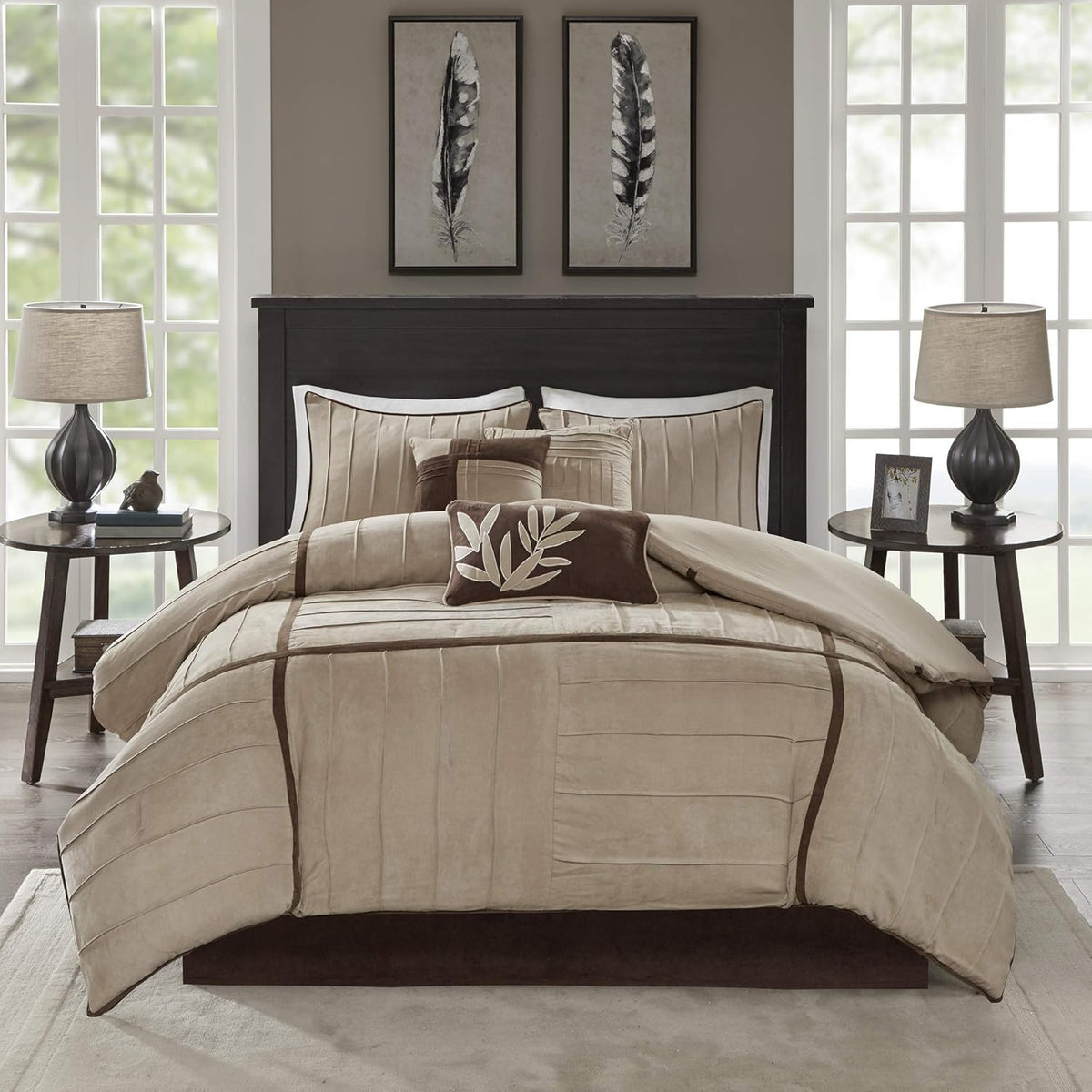 Madison Park Cozy Comforter Set Casual Blocks Design All Season, Matching Bed Skirt, Decorative Pillows, Queen(90"x90"), Dune Suede, Beige Brown, 7 Piece