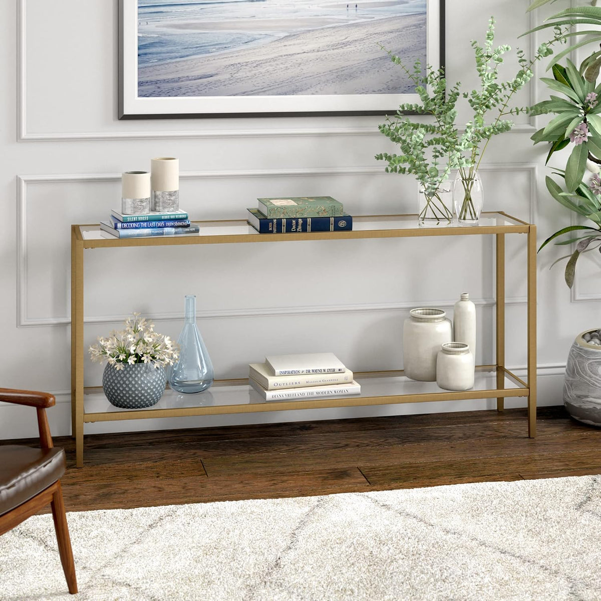 Henn&Hart 64" Wide Rectangular Console Table with Glass Shelf in Brushed Brass, Entryway Table, Accent Table for Living Room, Hallway