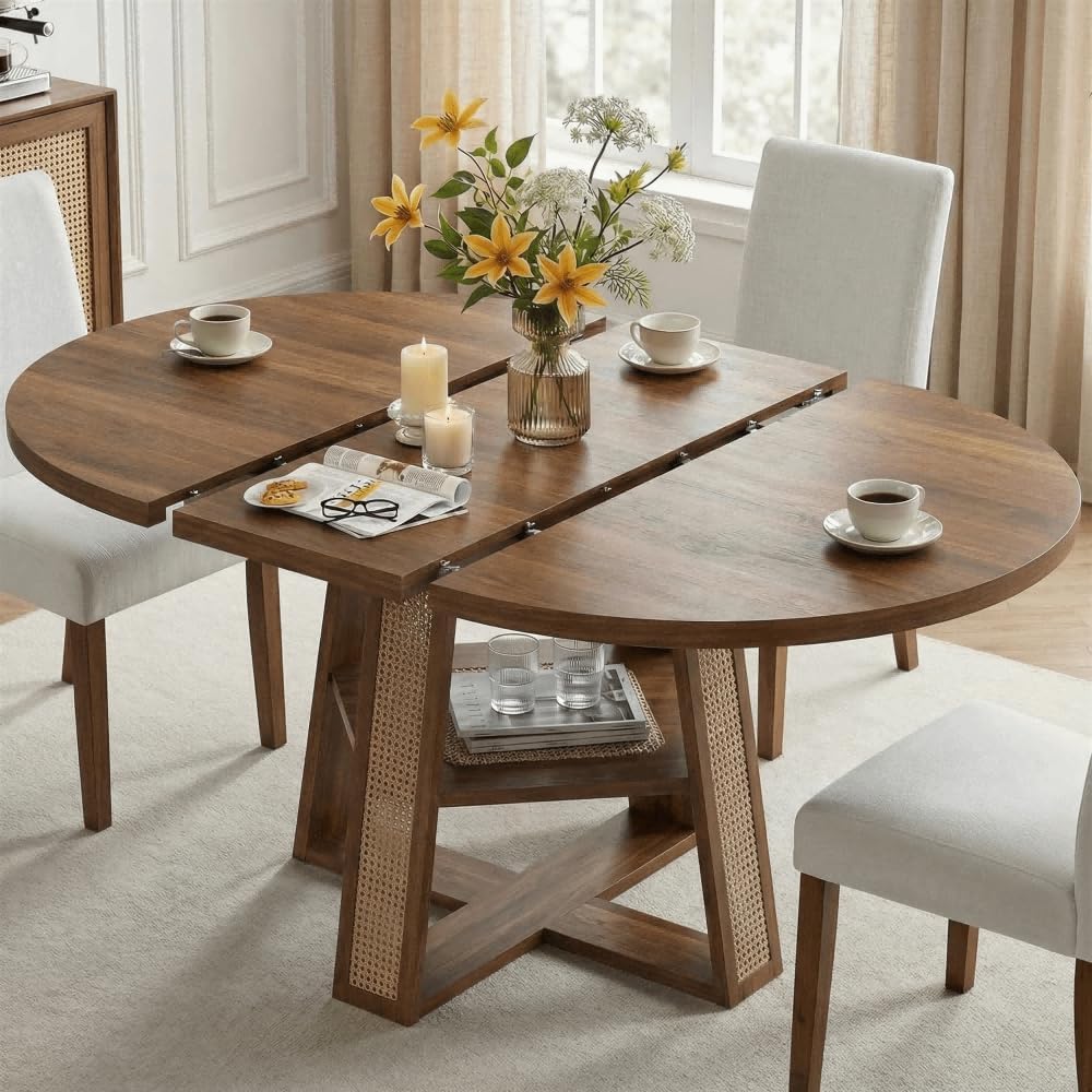 LIKIMIO 43"-59" Extendable Round Dining Table for 4-8, Oval Dining Room Table with Removable Leaves Space Saving, Wood Base Kitchen Table with Storage Shelf for Living Room, Walnut