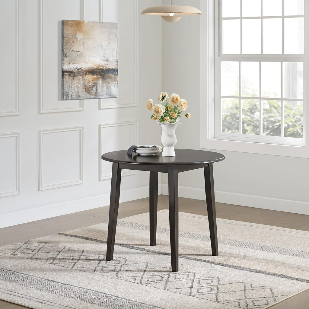 ROME + OAK Hinged Drop Leaf Dining Table, 22-36 Inch Round Tabletop with Sturdy Base, Dark Brown - Modern Solid Wooden Furniture Piece for Home