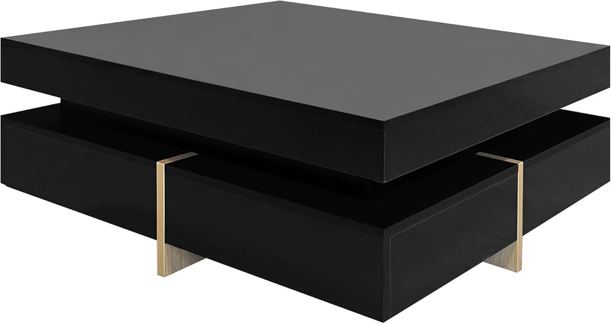 Merax Coffee Table, Modern High Gloss Coffee Table with 4 Drawers, Multi-Storage Square Center Cocktail Table with Wood Grain Legs for Living Room, 31.5"x 31.5" (Black)
