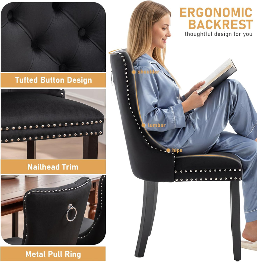 Mid Century Modern Dining Chair Set of 4 Velvet Upholstered Dining Room Chair Farmhouse Dining Accent Chairs with High Back and Nailhead Trim for Kitchen, Living Room, Bedroom (Black)