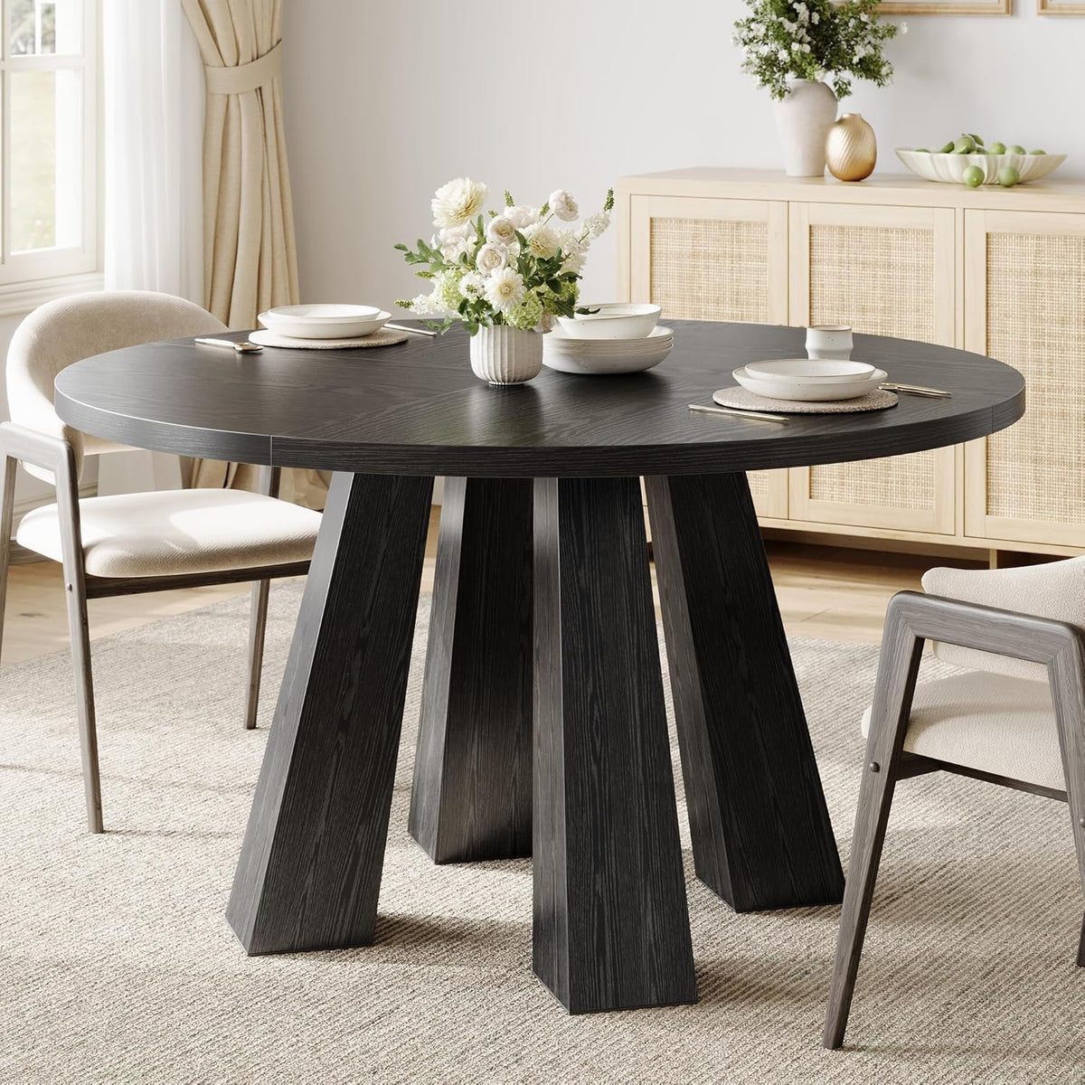 IDEALHOUSE 47" Round Dining Table for 4-6, Wood Kitchen Table with Sturdy Base, Farmhouse Circle Dinner Table for Dining Room, Living Room, 4 Strong Legs, Black
