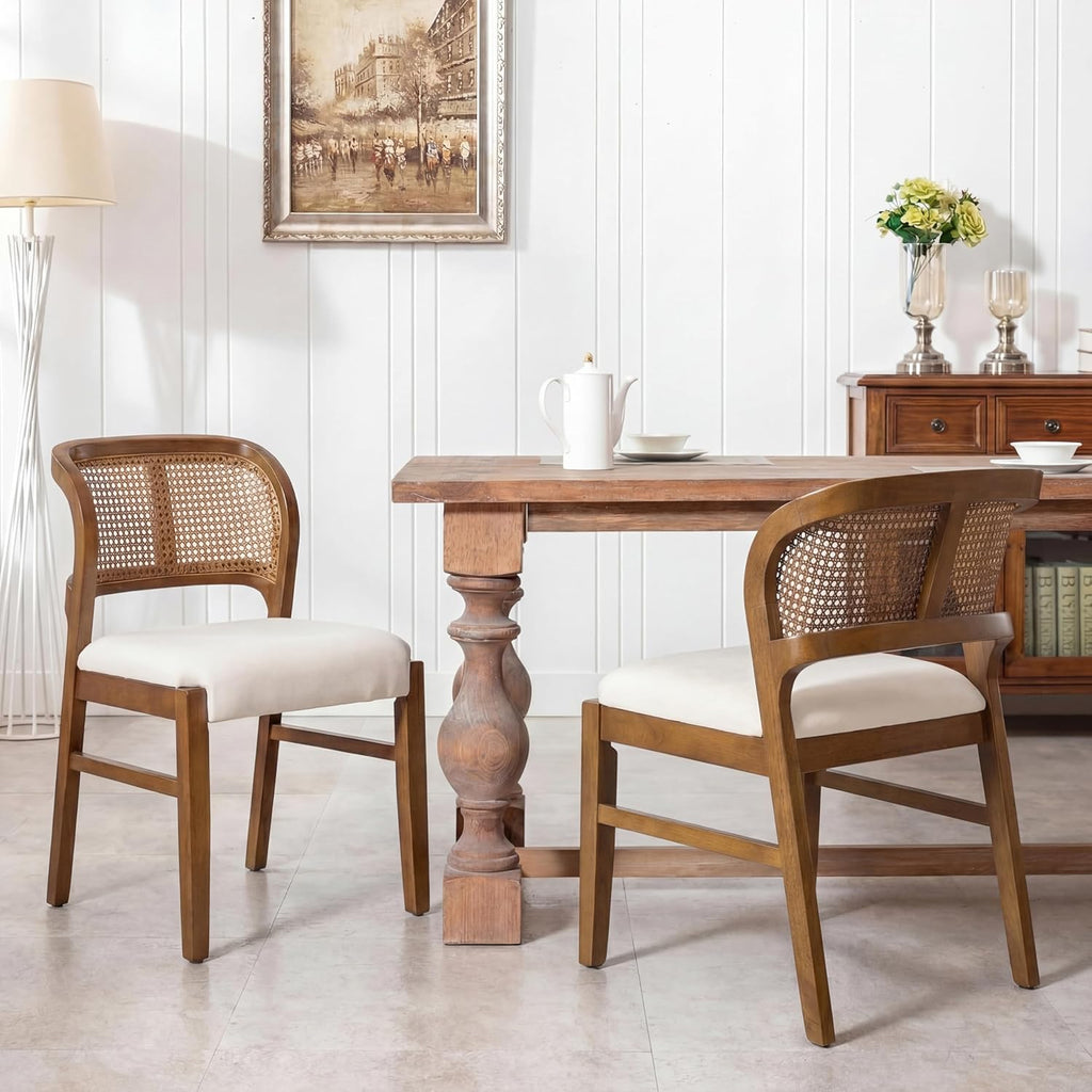 Christopher Knight Home Cayde Upholstered Dining Chairs Set of 2, Kitchen Side Chair with Cane Backrest, Rubberwood Dining Room Chair, Extra Seat for Living Room, Walnut+Beige