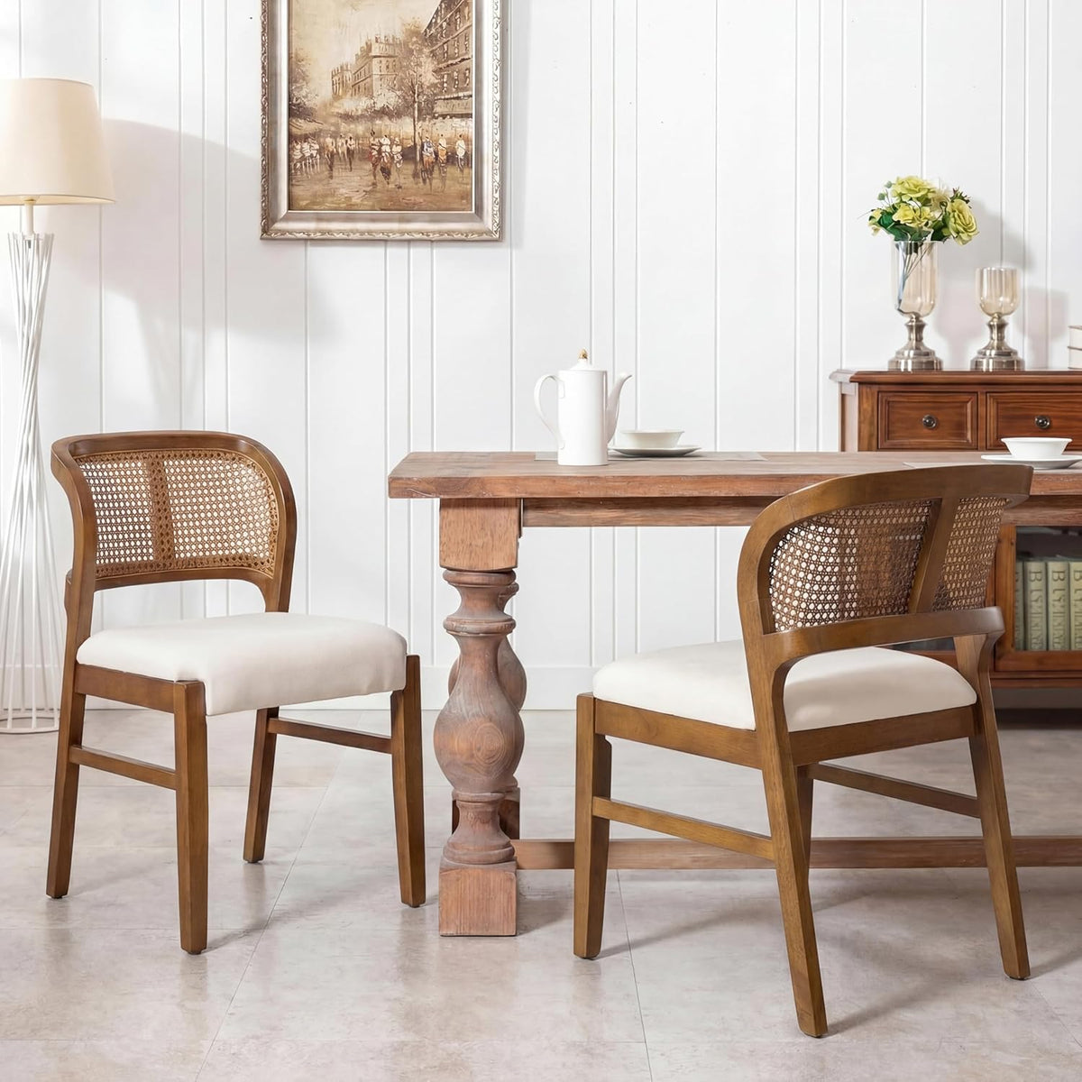 Christopher Knight Home Cayde Upholstered Dining Chairs Set of 2, Kitchen Side Chair with Cane Backrest, Rubberwood Dining Room Chair, Extra Seat for Living Room, Walnut+Beige