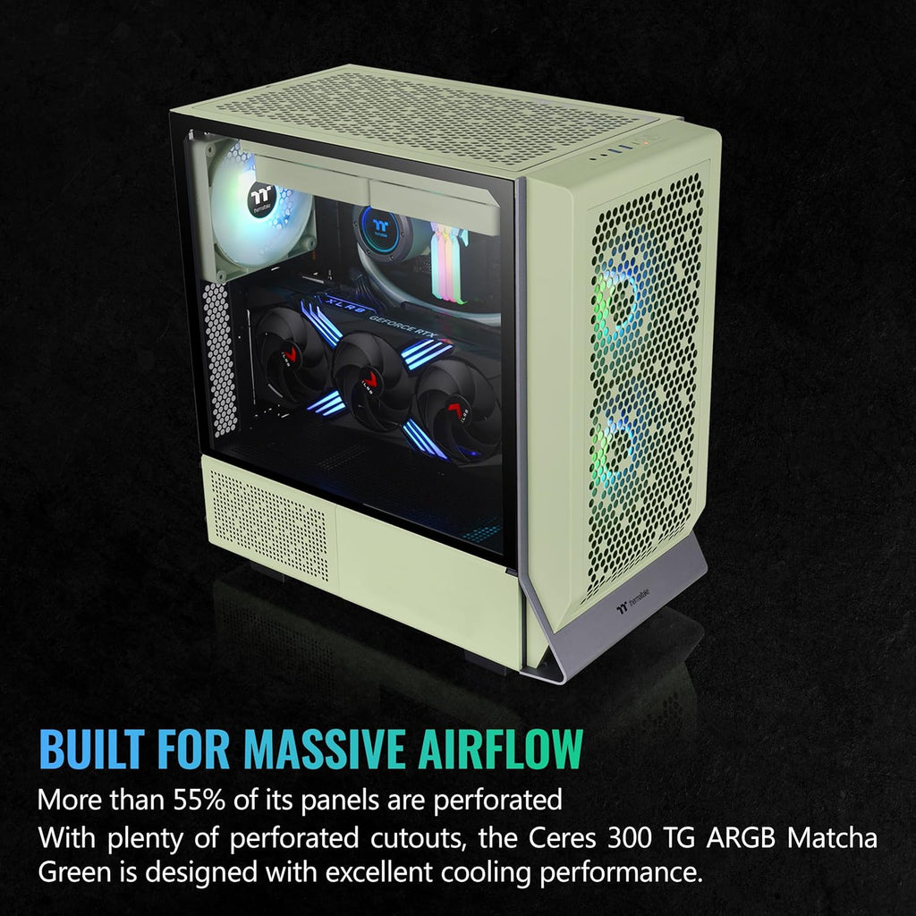 Thermaltake Ceres 300 Matcha Green Mid Tower E-ATX Computer Case with Tempered Glass Side Panel; 2xCT140 ARGB Fan Preinstalled; Rotational PCIe Slots; CA-1Y2-00MEWN-00; 3 Years Warranty