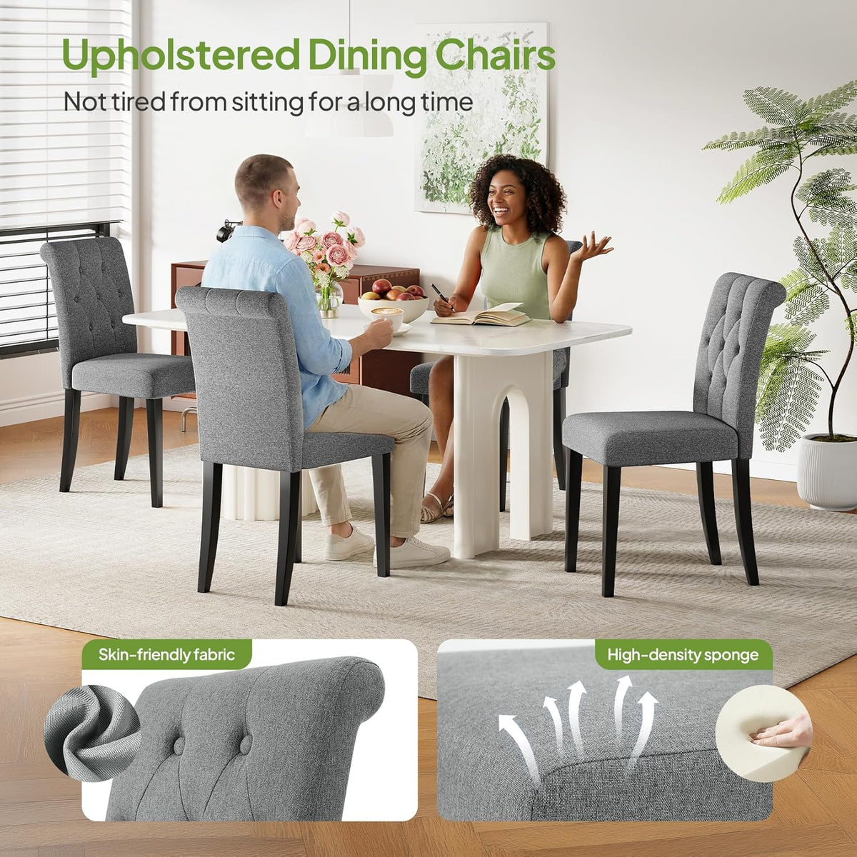 Welzona Upholstered Dining Chairs Set of 4, Button Tufted Parsons Dining Chair with Solid Wood Legs, Modern Fabric Side Chair for Dining Room/Kitchen/Restaurant/Hotel- Grey